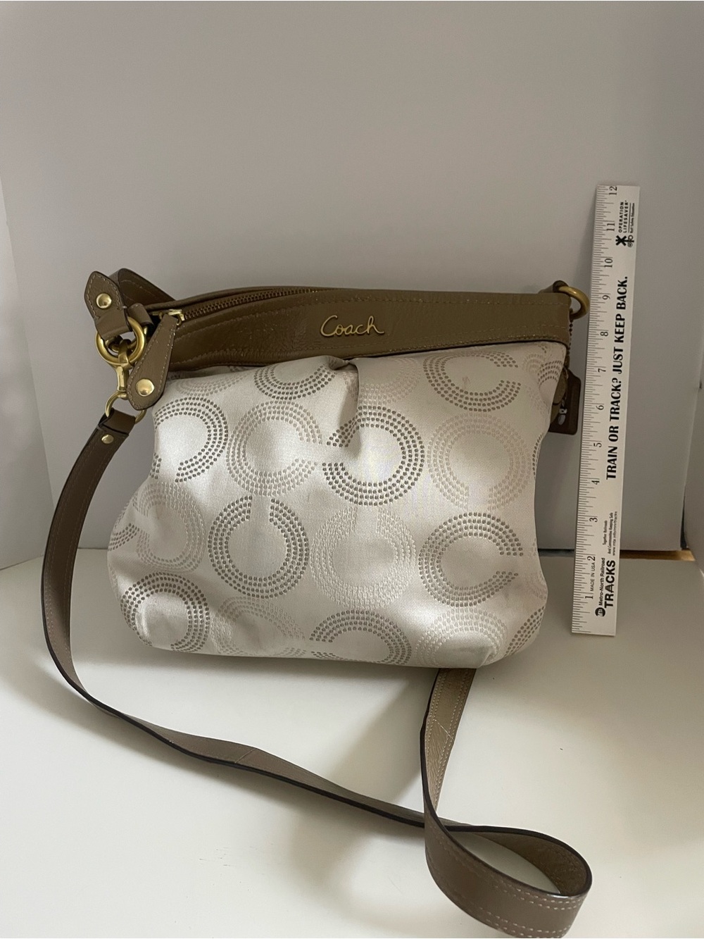 Coach Ashley Dotted  Op Art Hippie Cream Signature shoulder bag with Taupe Trim